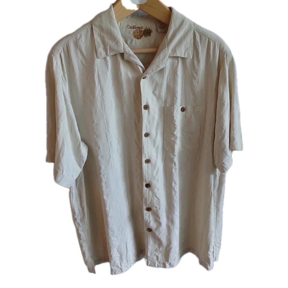 Caribbean‎ Mens XLT Silk Camp Shirt Cream Textured Stripe Short Sleeve Button Up
